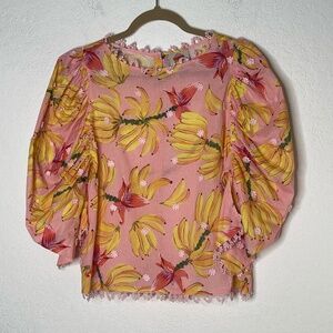 Farm Rio Applique Banana Taste Puff Sleeve Top Size M Multicolor Pink Yellow